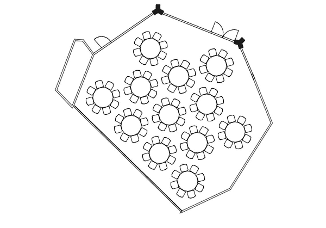BadnerHalle Räume und Technik Übersicht Sibyllen-Saal Bankettbestuhlung Rund