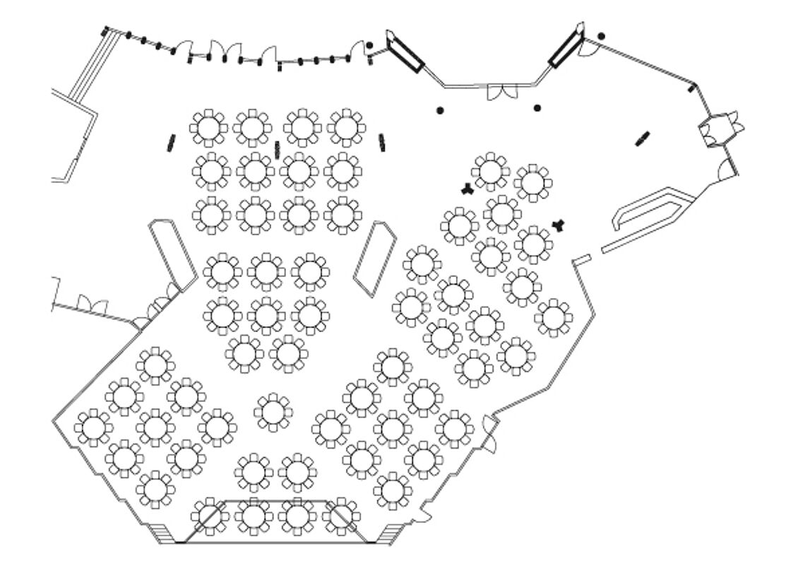 BadnerHalle Räume und Technik Übersicht Türkenlouis-, Sibyllen-Saal, Foyer Bankettbestuhlung Rund