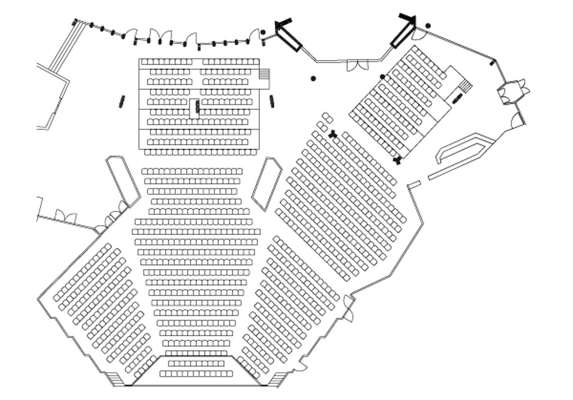 BadnerHalle Räume und Technik Übersicht Türkenlouis-, Sibyllen-Saal, Foyer Reihenbestuhlung