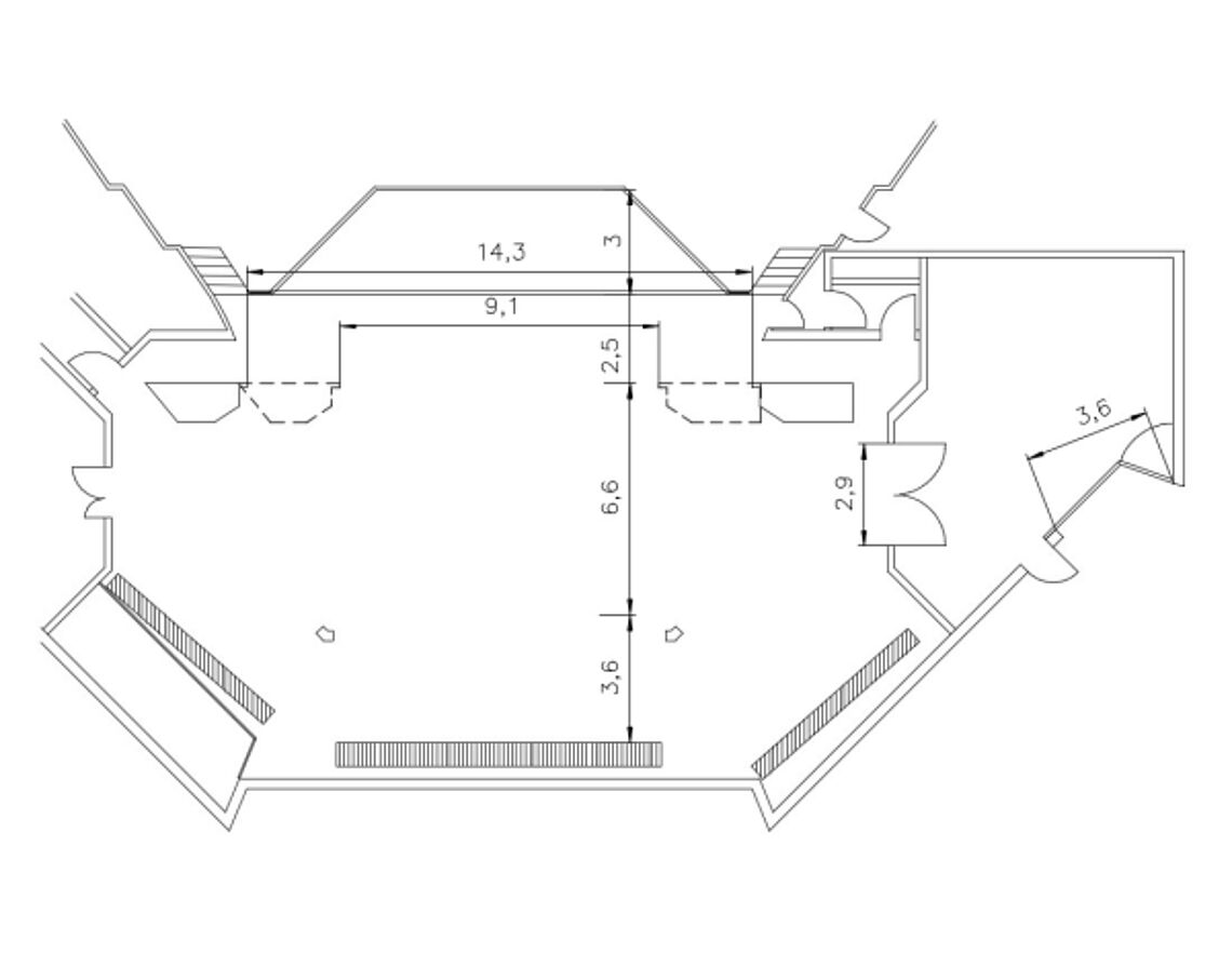 BadnerHalle Räume und Technik Übersicht Bühne bemaßt